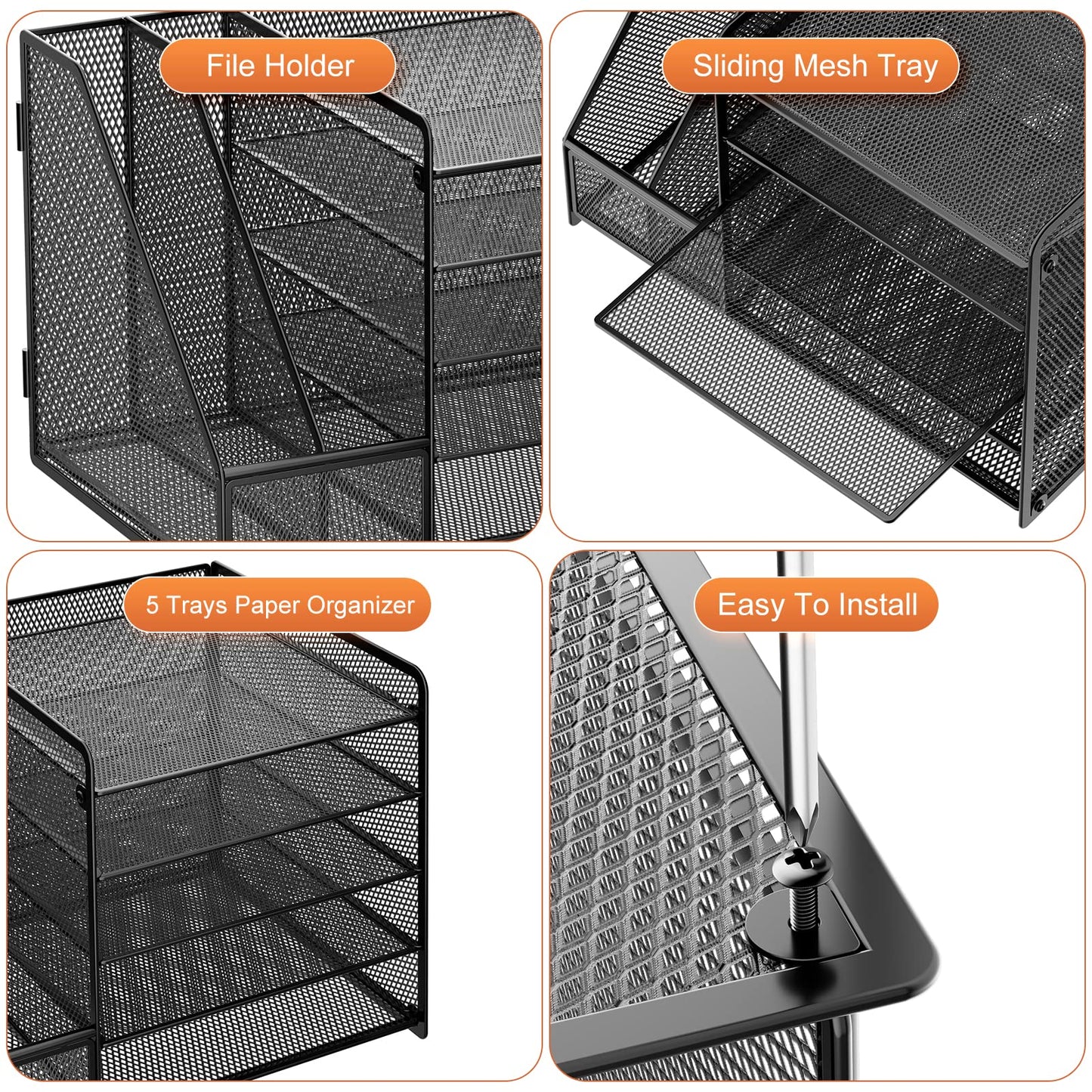 Marbrasse Desk Organizer with File Holder, 5-Tier Paper Letter Tray Organizer, Mesh Desk Organizers and Accessories with Magazine Holder, Desktop Storage for Office Supplies (Black)