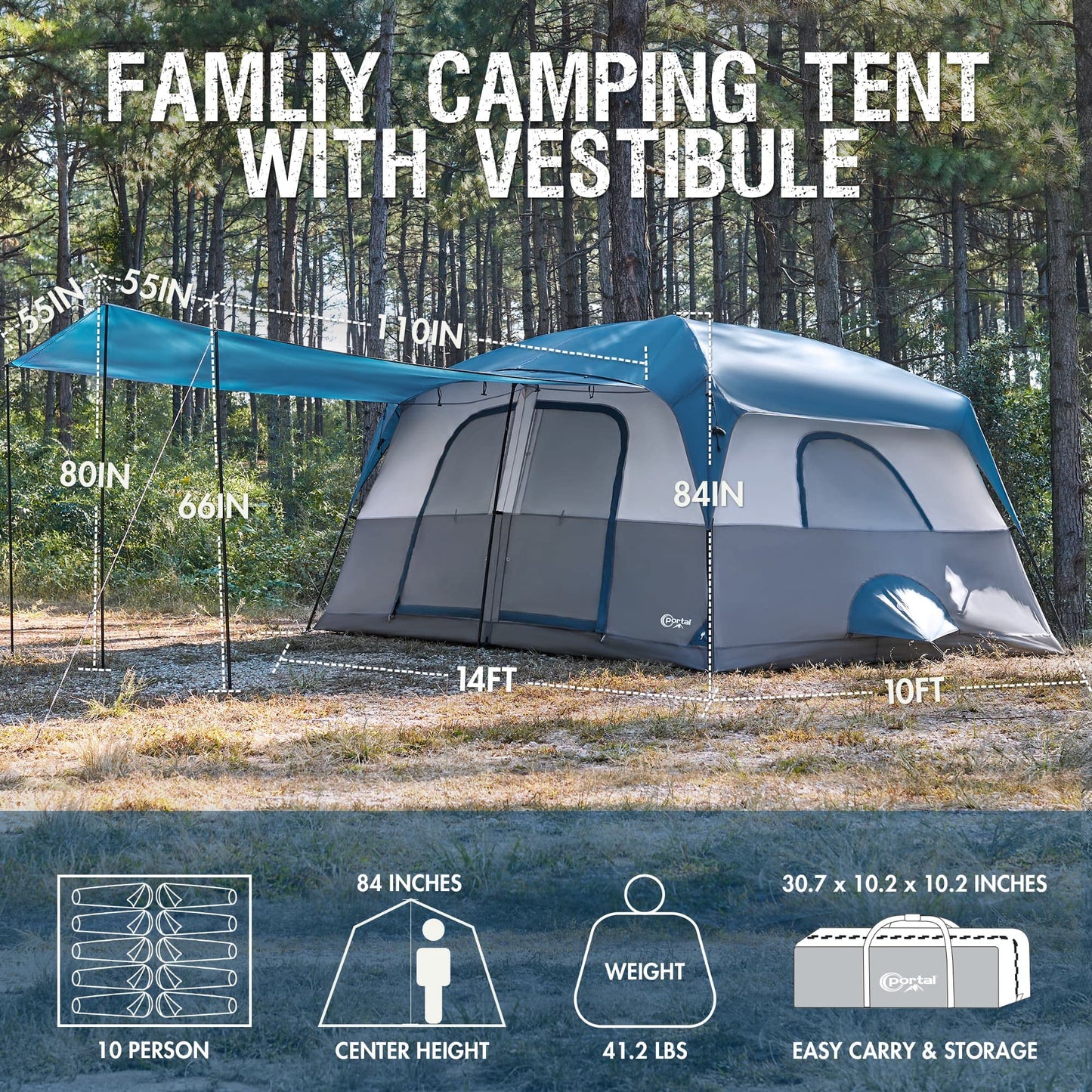 Portal 10 Person Camping Tent with Porch, Big Family Cabin Tent with 2 Rooms, 2 Doors, 2 Ground Vents, 6 Large Mesh Windows, Divided Curtain for Camping, Outdoor, Traveling, Water Resistant, Blue