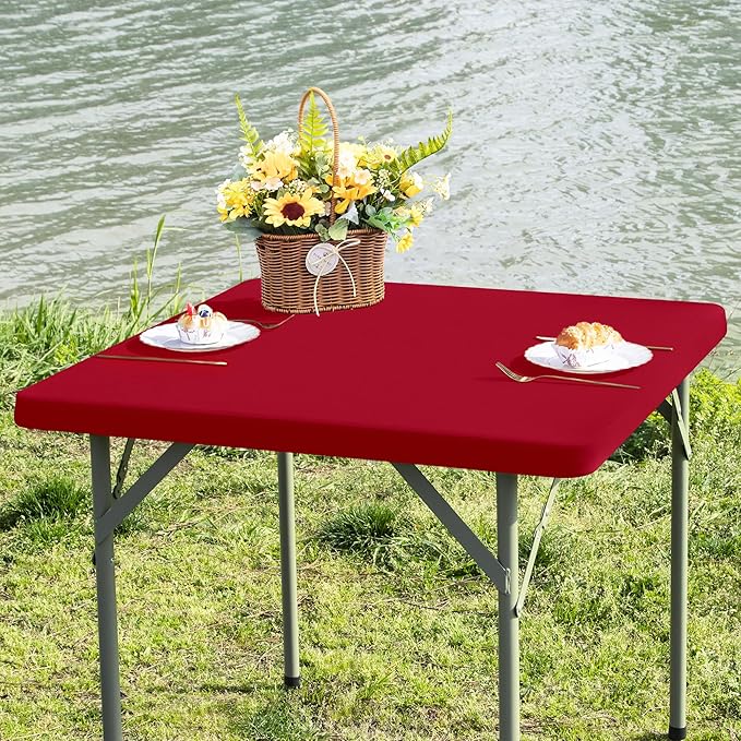Square Fitted Table Cover Elastic Tablecloth Stretch Spandex Table Top Cover Table Topper Cap for Dining Kitchen Home Party Burgundy 36X36 Inch