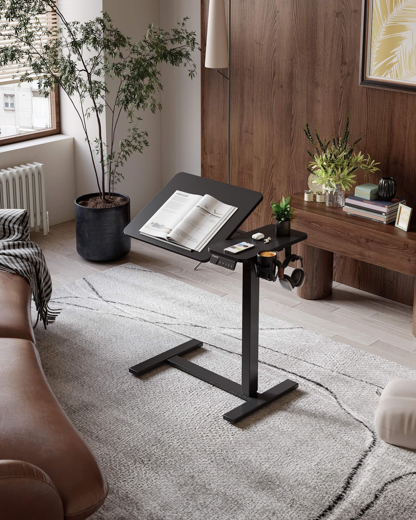YIHAYO Electric Adjustable Overbed Bedside Table with Wheels, 24 x 16 Inches Mobile Standing Desk, Laptop Desk, Movable Overbed Tables Hospital Home Use, Black