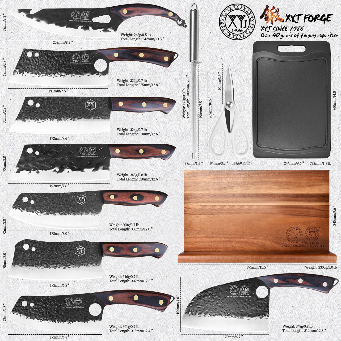 XYJ Full Tang Knives Set with Magnetic Knife Block,Cutting Board,Sharpener Rod,Scissors,Gloves,High Carbon Steel Blades,Knife Block Set,Cleaver Vegetable Butcher Kitchen Knives