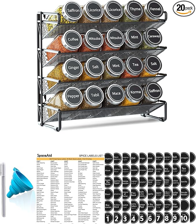 SpaceAid Spice Rack Organizer with 20 Spice Jars, 386 Spice Labels, Chalk Marker and Funnel Set for Cabinet, Countertop, Pantry, Cupboard or Door & Wall Mount - 20 Jars, 9.8" W Ã 10.8âH, Black
