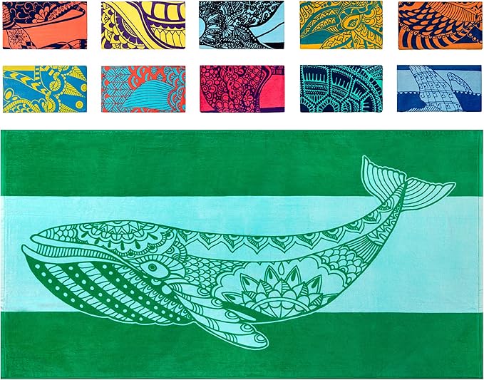 Nova Blue Whale Beach Towel (34 X 63) â Green Oversized Beach Towel with Whale Design Quick Dry BeachTowels Made from 100% Cotton â Sand Free Beach Towels â Extra Large BeachTowel