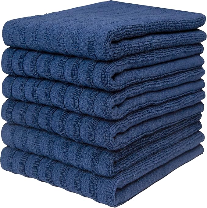 Premium Kitchen Towels (20âx 28â, 6 Pack) | Large Cotton Dish Towels 450 GSM | Highly Absorbent Terry Kitchen Linen Set with Hanging Loop | Blue Solid