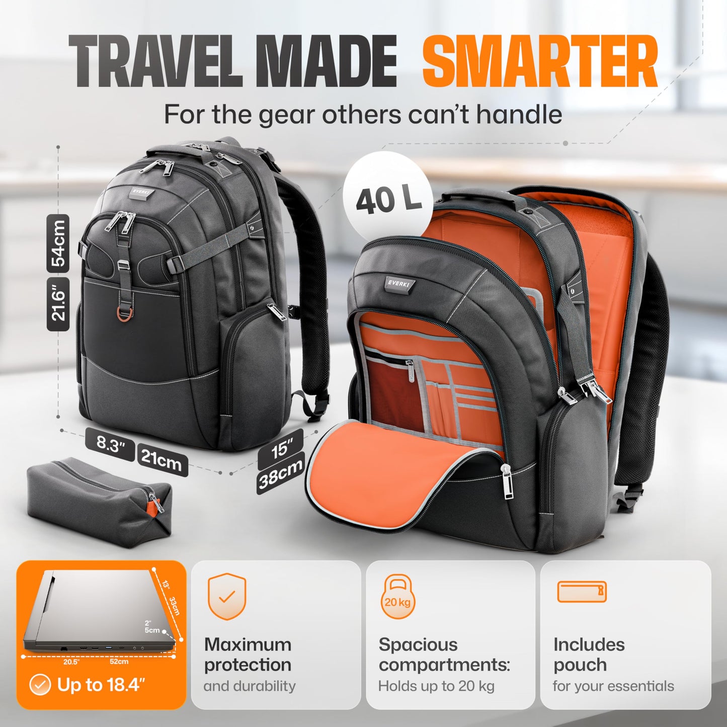EVERKI Business 120 Laptop Backpack 40L with Rain Cover - Large Compartment Fits Up To 18.4", Travel Friendly Lightweight Business & Office Bag, 180° Fold-Out Design, Multiple Padded Pockets, Black