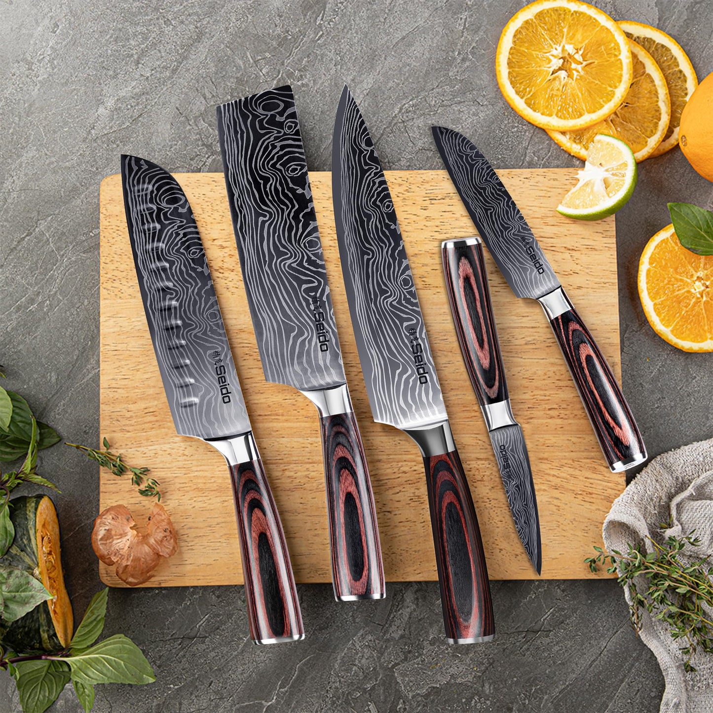 Seido Knives 5-Piece Damascus Master Chef Knife Set - Includes Gyuto, Santoku, Nakiri, Paring Knives - High-Carbon Stainless Steel Kitchen Knives
