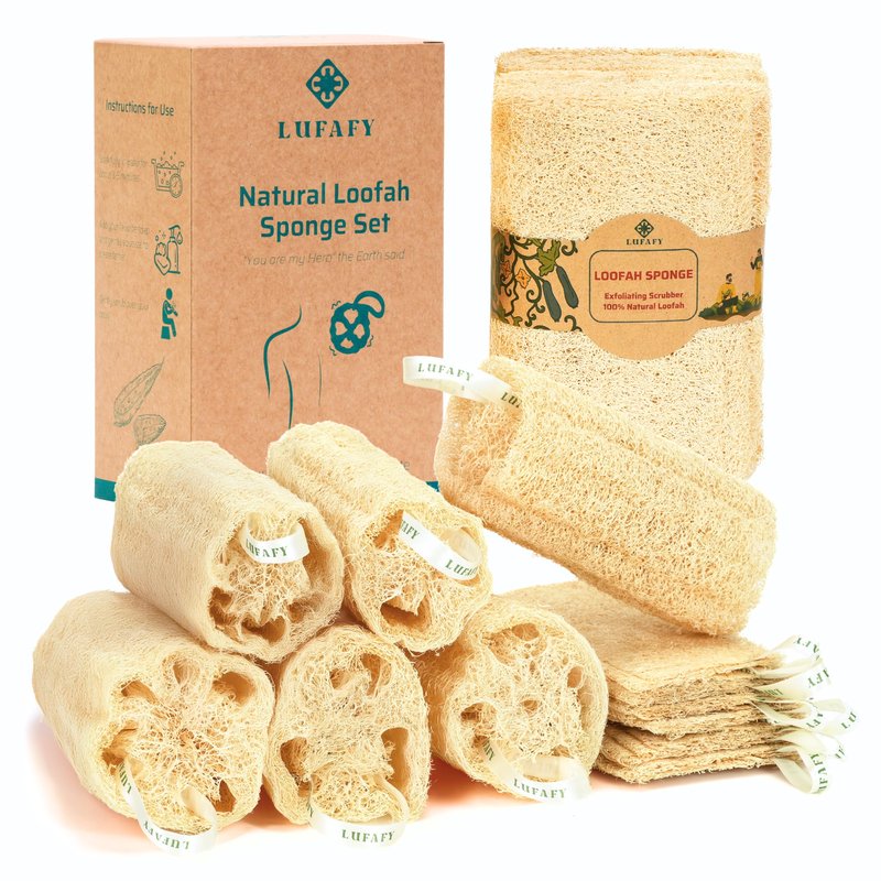 LUFAFY Natural Loofah Sponge 12‑Pack (6"), Exfoliating Body Scrubber for Shower, Bath & Kitchen – Plant-Based