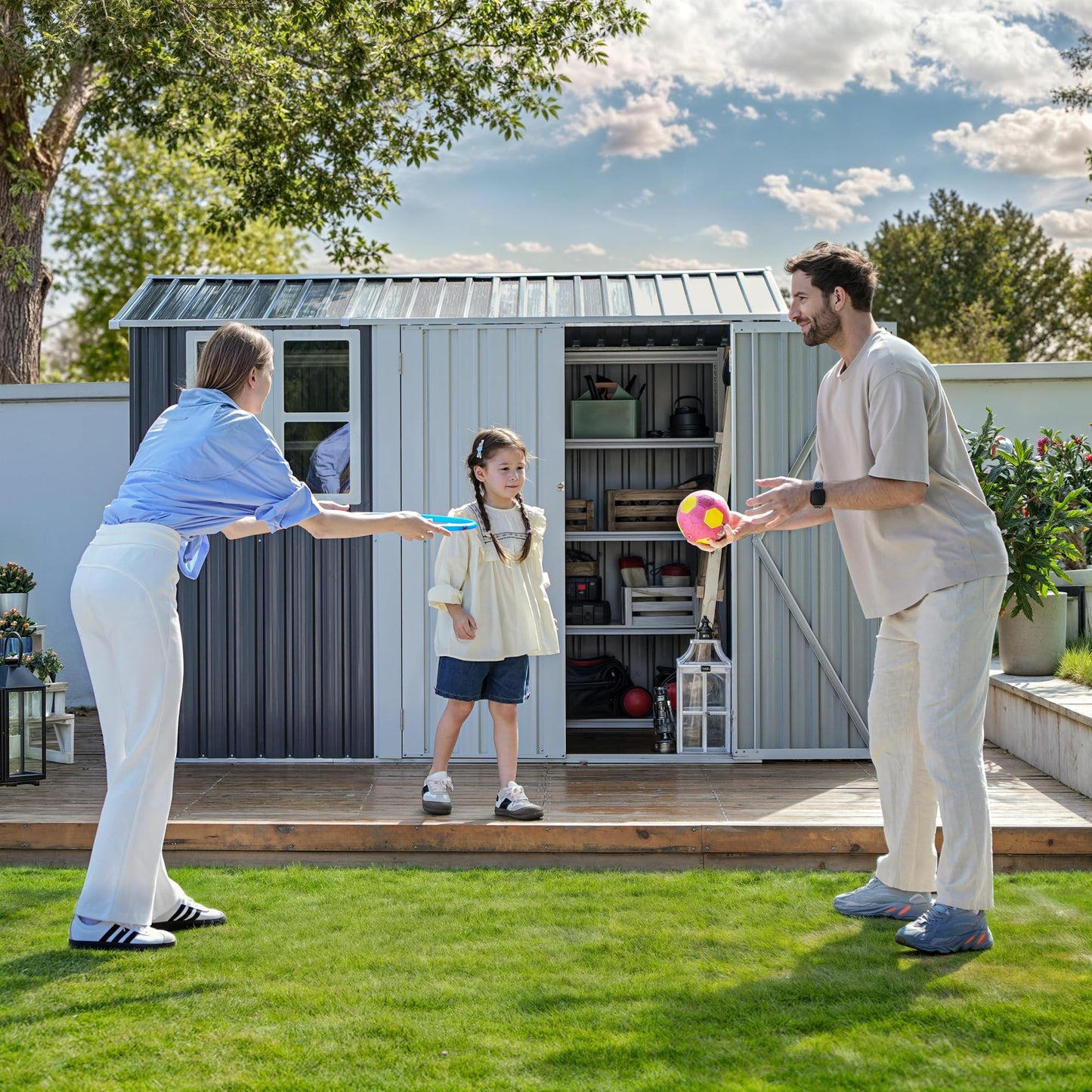 DWVO 8' x 6' Outdoor Storage Shed, Waterproof Metal Garden Shed with Windows, Lockable Doors, and Sloped Roof for Patio, Backyard, Lawn, Tool Storage, Bike Shed, Pet Shelter (Gray + White)