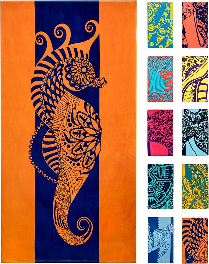 Nova Blue Seahorse Beach Towel â Blue and Orange with A Tropical Design, Extra Large, XL (34âx 63â) Vibrant, Bright, Colorful Pool Towel Made from 100% Cotton