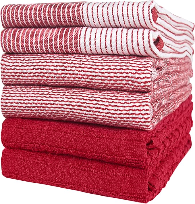 Premium Kitchen Towels (20âx 28â, 6 Pack) | Large Cotton Dish Towels | Flat & Terry Highly Absorbent Kitchen Linen Set with Hanging Loop | Red