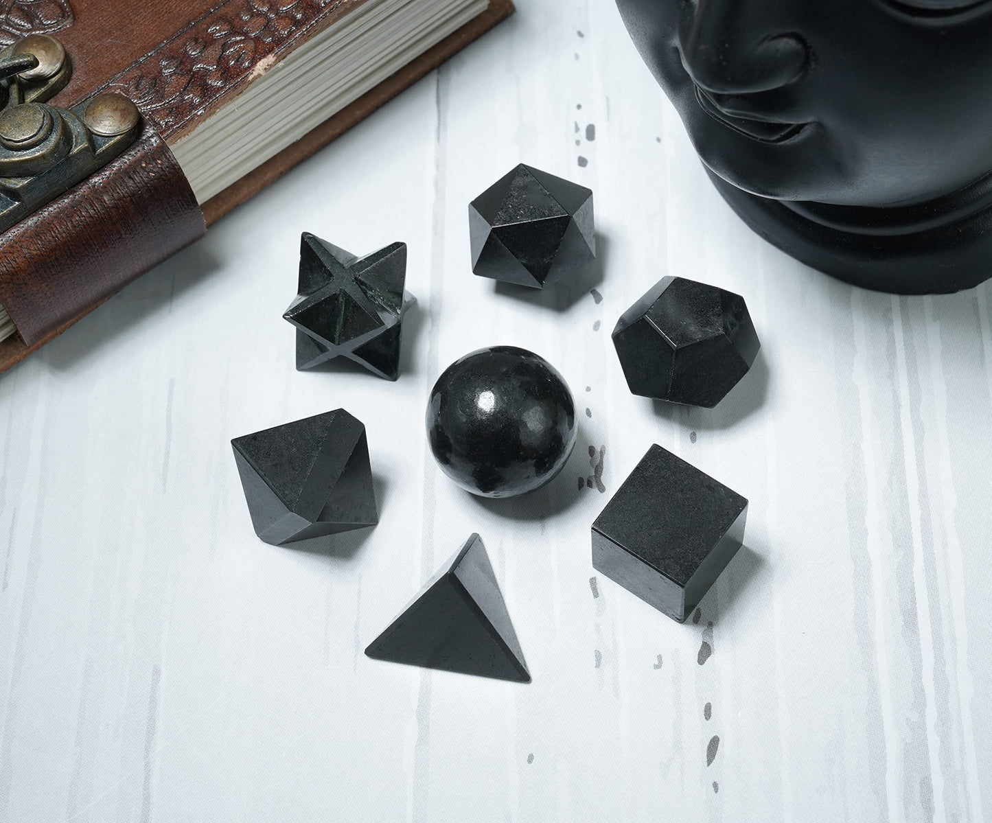 Crocon Black Tourmaline 7Pcs Platonic Solids Crystal Geometry Set, Platonic Solids Sacred Geometric Stones for Meditation Reiki Balancing Healing Chakra Stone Cleansing Spiritual Good Luck (15-20 mm)