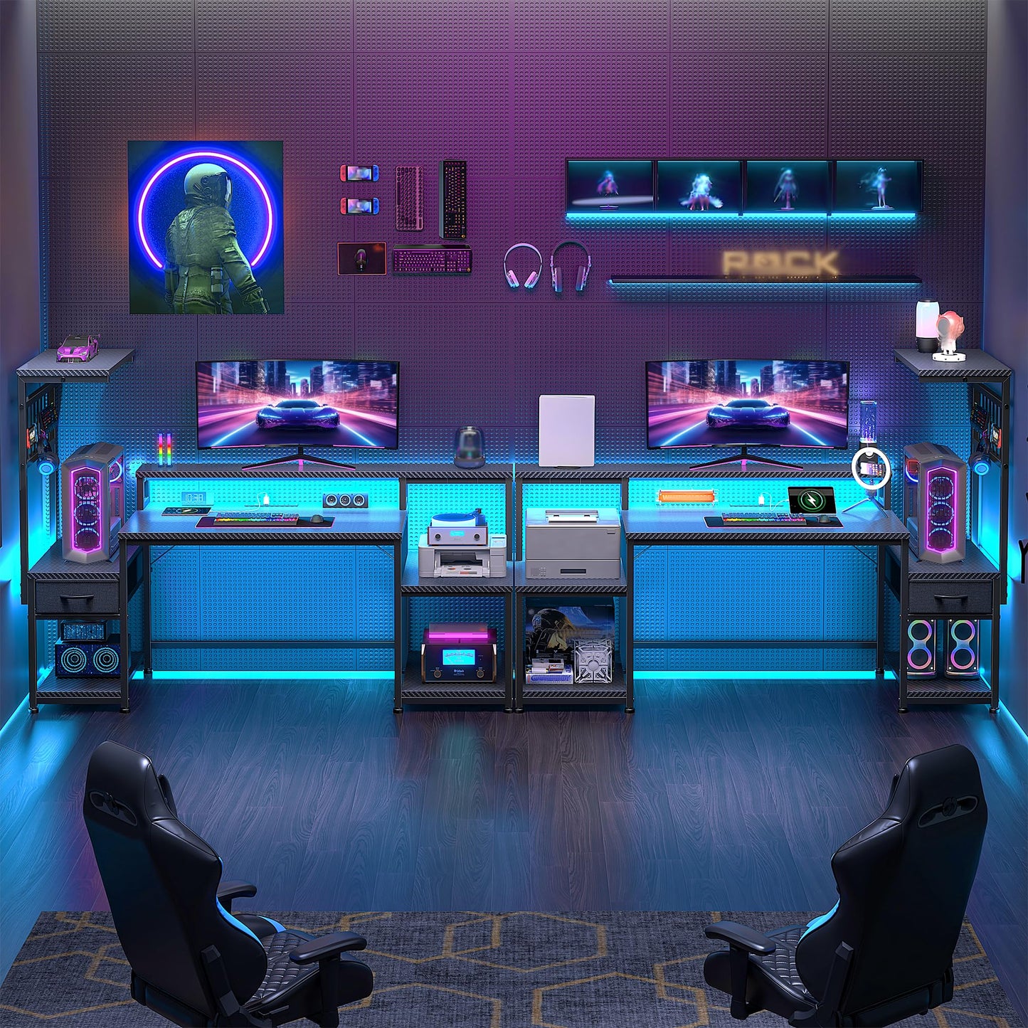 DurayLoly 55" Gaming Desk with LED Lights & Outlets,Computer Desk with Drawers & Monitor Stand,Gaming Table with Storage Shelves & Printer Space for Game Room,Study Room,Home Office,Bedroom,Black
