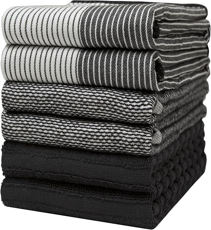 Premium Kitchen Towels (20âx 28â, 6 Pack) | Large Cotton Dish Towels | Flat & Terry Highly Absorbent Kitchen Linen Set with Hanging Loop | Black