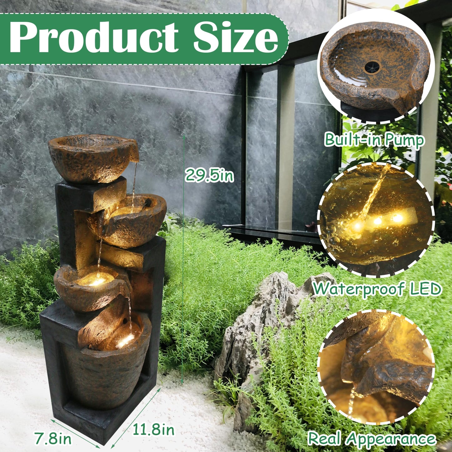 Goldshire 4-Tiers Cascading Bowls Outdoor Water Fountain with LED Light, Standing Cascading Water Feature, Faux Stacked Stones Waterfalls Fountains Decor for Garden Patio Yard and Lawn (Beige)