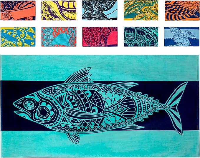 Nova Blue Tuna Fish Beach Towel (34 X 63) â Blue Striped Cotton Beach Towels Made from 100% Cotton â Quick Drying Pool Towel with Tropical Design â Beach Towel Large Oversized
