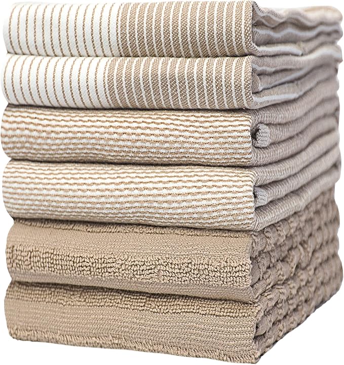 Premium Kitchen Towels (20âx 28â, 6 Pack) | Large Cotton Dish Towels | Flat & Terry Highly Absorbent Kitchen Linen Set with Hanging Loop | Tan
