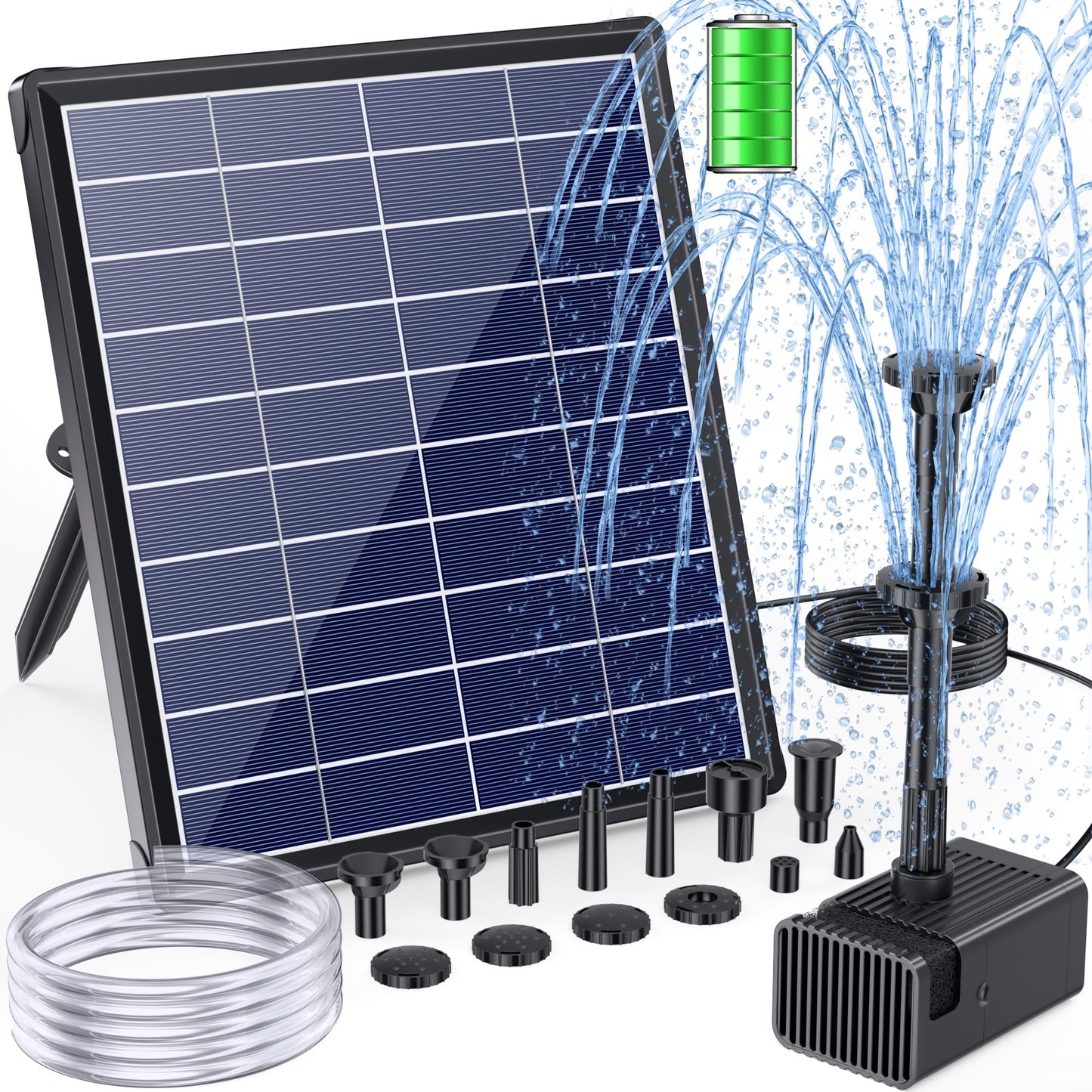 POPOSOAP 6.5W Solar Fountain Pump for Bird Bath Built-in 3000mAh Battery Backup, DIY Solar Water Fountain with Double-Layer Nozzles & Dry-Run Protection 5Ft Tubing for Ponds, Bird Bath, Water Features