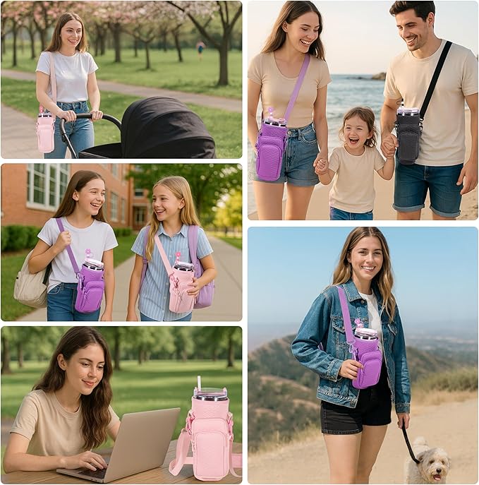 &And Per Se Water Bottle Shoulder Bag for Women, Neoprene Carrier with Phone Pocket & Purple Charm, Adjustable Crossbody Strap Fits Stanley 30oz Tumblers, Gift for Her (Purple)