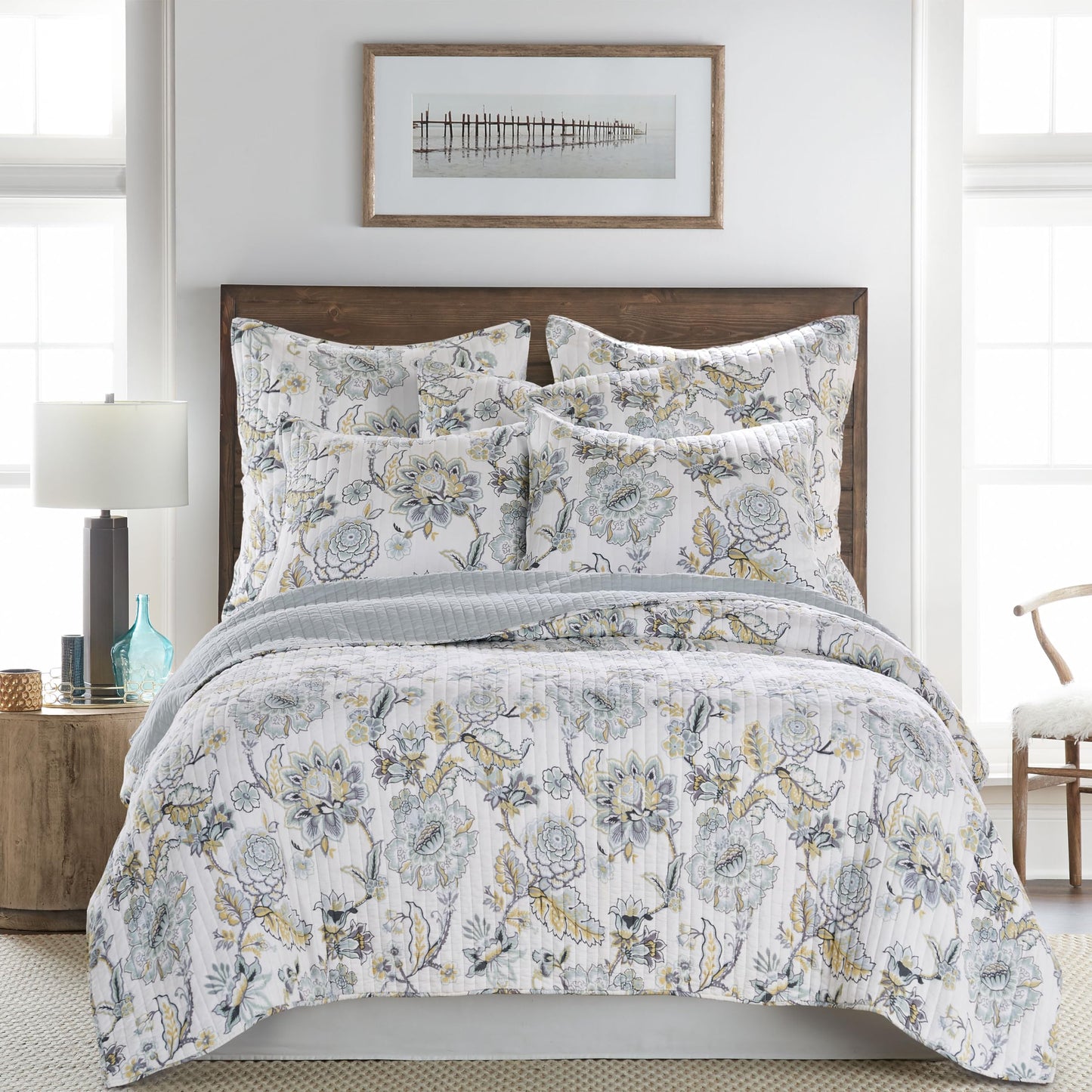 Levtex Home Ophelia Spa Reversible King/Cal King Quilt Set (106x92in) and 2 Pillow Shams (36x20in) - Bedding - Blue, Yellow, White - Rayon King Size Quilt Bedding Set - Lightweight, Soft, Pre-Washed