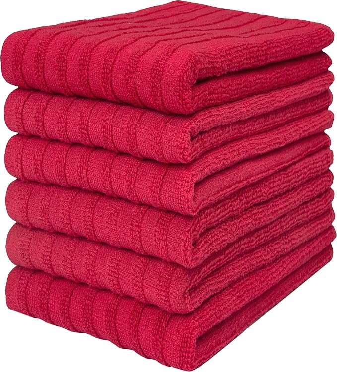 Premium Kitchen Towels (20âx 28â, 6 Pack) | Large Cotton Dish Towels 450 GSM | Highly Absorbent Terry Kitchen Linen Set with Hanging Loop | Red Solid