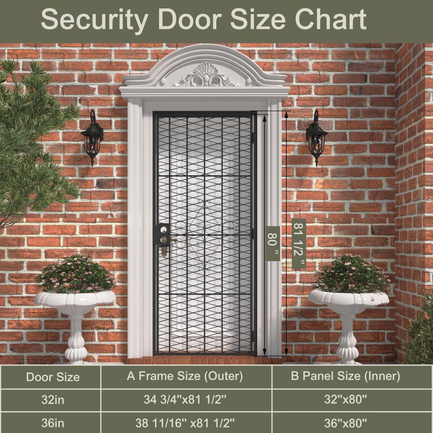 JUBEST 32 in. x 80 in. Security Screen Door, Reversible Powder Coated Black Surface Mount Outswing Steel Security Door with Expanded Metal Screen, Prehung Steel Exterior Doors, Durable&Safe