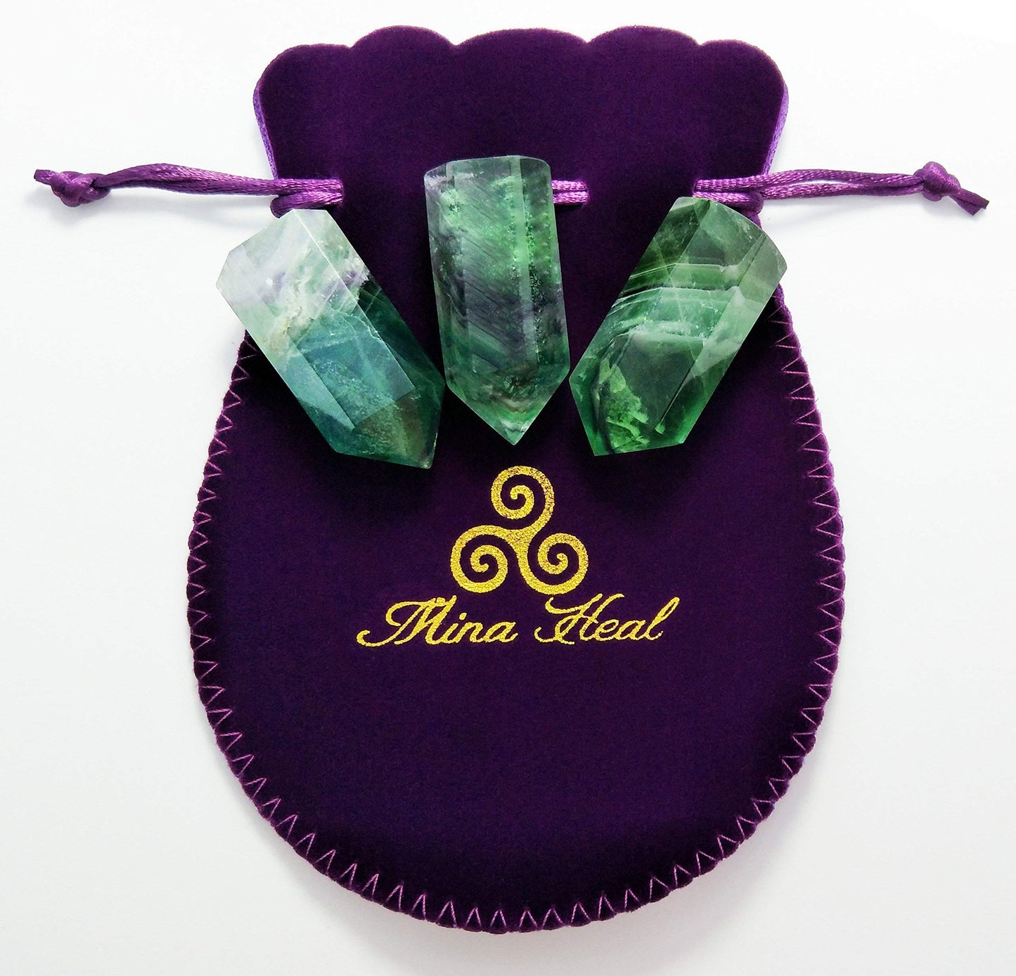 Set of 3 Pointed & Faceted Healing Crystal Wands Made of Natural Green Fluorite Stone for Reiki Chakra Meditation Therapy Décor