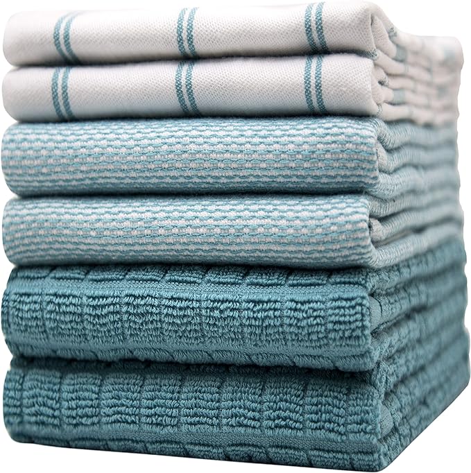 Premium Kitchen Towels (20âx 28â, 6 Pack) | Large Cotton Dish Towels | Flat & Terry Highly Absorbent Kitchen Linen Set with Hanging Loop | Teal Check