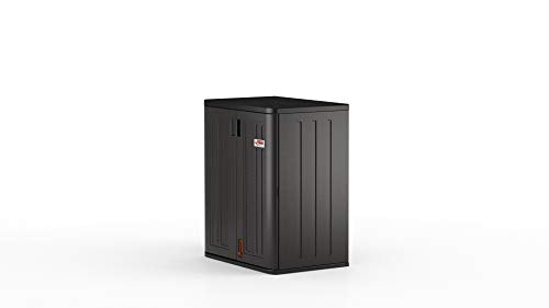 Suncast Heavy-Duty Resin Outdoor Storage Cabinet, 30" W x 20.25" D x 36" H Dark Grey Base Garage Storage Cabinet with Lockable Doors and Metal Reinforced Shelves, Made in The USA