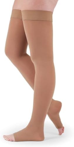 medi Assure 20-30 mmHg Thigh High Compression Stockings with Silicone Top Band – Open Toe Leg Circulation, Stockings for Women, Semi-Opaque Leg Support Compression Hosiery , Small-Petite, Beige