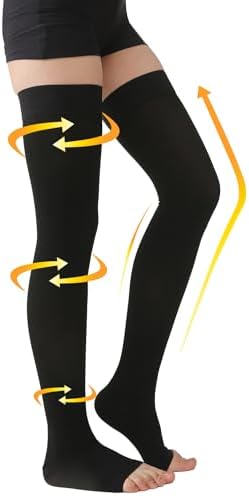 MGANG Medical Thigh High Compression Stockings for Men & Women, Pair, Open Toe, 15-20 mmHg Graduated Compression Support Hose, Opaque, Best for Varicose Veins, Edema, Flight, DVT, Swelling, Black XXL