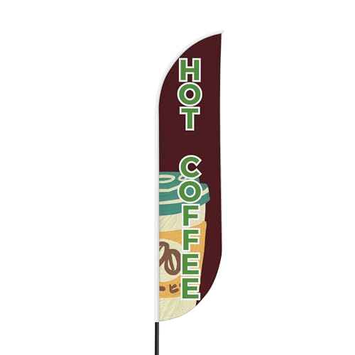 Hot Coffee Sign feather flag for Outdoor by Mavis Print | 11.5 FEET Long Polyester Outdoor Banner Flag for Easy Hang | HD Print Swooper I Flag Only for Food Advertising | Made in USA I Flag Only