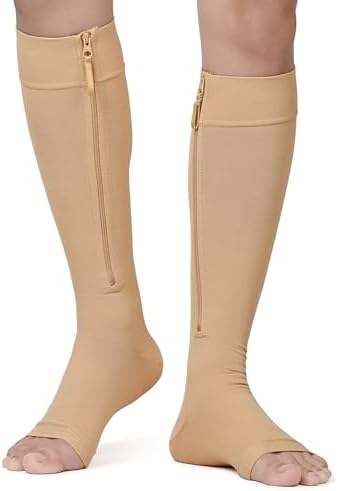 NURCOM Copper Compression Socks 5XL Extra X-Wide Calf 20-30 mmHg Knee-Hi Plus Size Support Zipper Stockings - Open Toe - Beige Ideal for Varicose Veins, Swelling and Lymphedema Relief, 5X-Large