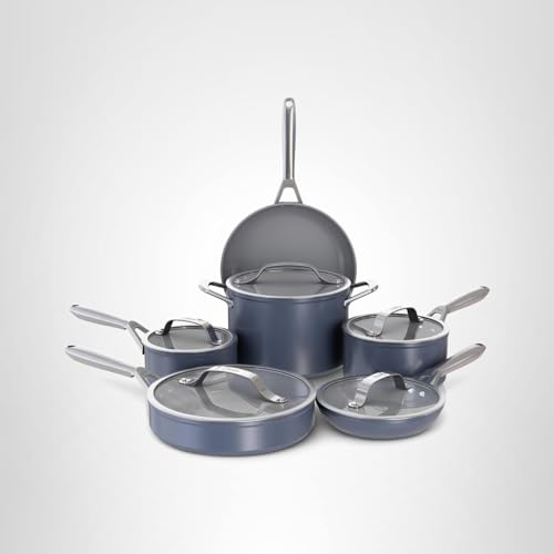 Ninja Ceramic Pro 11-Piece Cookware Set, Non-Stick Pots & Pans Set with Glass Lids, Nontoxic, PTFE Free, Ceramic Coated, Oven Safe, All Stovetops & Induction Compatible, Midnight Blue, CW39011MM