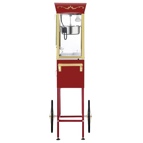 Matinee Popcorn Machine and Cart – 3 Gallon Popcorn Popper, 8oz Kettle, Warmer, and 5 All-In-One Kernel Packs by Great Northern Popcorn (Red)