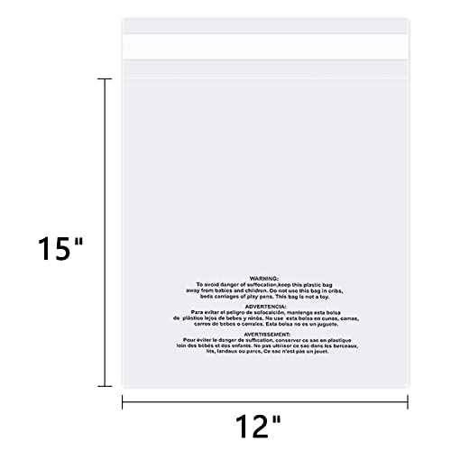 12" x 15" (500 Count) Self Seal Clear Poly Bags with Suffocation Warning for Packaging, Shipping, Clothing, Shirts & FBA - Resealable Adhesive