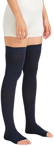MGANG Medical Thigh High Compression Stockings for Men & Women, Pair, Open Toe, 15-20 mmHg Graduated Compression Support Hose, Opaque, Best for Varicose Veins, Edema, Flight, Swelling, Navy Blue 2XL