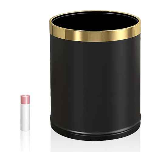 3.7 Gallon/14L Black Bathroom Trash Can Metal, Double Walled Waste Paper Basket, Bathroom Garbage Can, Elegant, Modern Office Waste Basket, for Bedroom, Kitchen, Hotel, Cafe, Business(14L black)