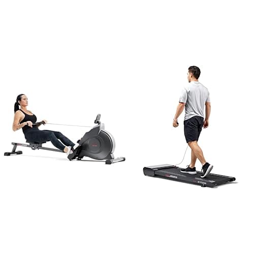 Sunny Health & Fitness Magnetic Rowing Machine with Exclusive SunnyFit App + Sunny Health & Fitness Sleek Stride Smart Compact Auto Incline Treadpad Treadmill