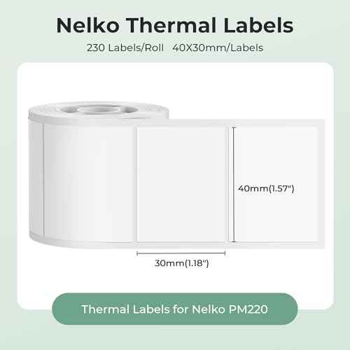 Thermal Labels for Nelko PM220 Label Maker, 1.57'' x 1.18'' (40x30mm) Thermal Sticker Tab, Waterproof, Multi-Purpose Label Tape, 1 Roll of 230 Self-Adhesive Thermal Paper (White)