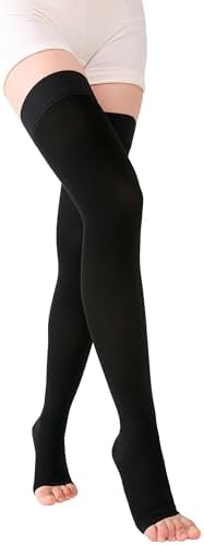 TOFLY® Thigh High Compression Socks for Women & Men (Pair), Open Toe, Opaque, Firm Support 30-40mmHg Graduated Compression Hose, Medical Compression Stockings for Varicose Veins, Edema, DVT,Black S