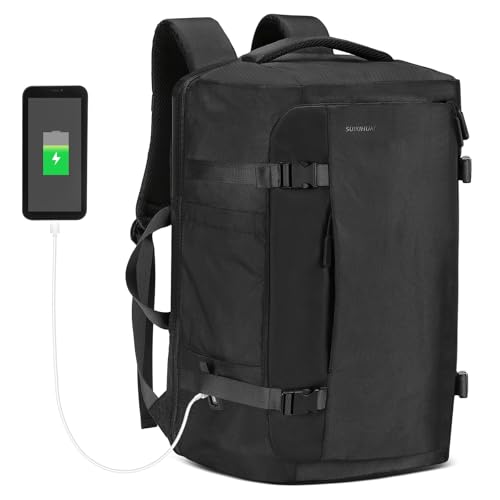 40L Travel Backpack, TSA Friendly Flight Approved Carry on Backpack for Men Women, Fits 17.3 Inch Laptop with USB-A&C Ports, Weekender Bag, Black