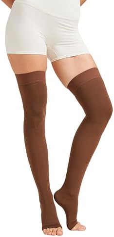 MGANG Medical Thigh High Compression Stockings for Men & Women, Pair, Open Toe, 15-20 mmHg Graduated Compression Support Hose, Opaque, Best for Varicose Veins, Edema, Flight, DVT, Swelling, Brown L