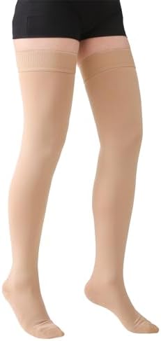 MGANG Medical 15-20 mmHg Compression Stockings for Women & Men, Pair, Thigh High Graduated Compression Socks, Closed Toe, Opaque, Support for Varicose Veins, Edema, DVT, Swelling, Flight, Beige S