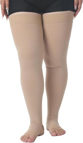 MGANG Medical Thigh High Compression Stockings for Men & Women, Pair, Open Toe, 20-30 mmHg Graduated Compression Support Hose, Opaque, Best for Varicose Veins, Edema, Flight, DVT, Swelling, Beige 5XL
