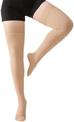 MGANG Medical 15-20 mmHg Compression Stockings for Women & Men, Pair, Thigh High Graduated Compression Socks, Closed Toe, Opaque, Support for Varicose Veins, Edema, DVT, Swelling, Flight, Beige S