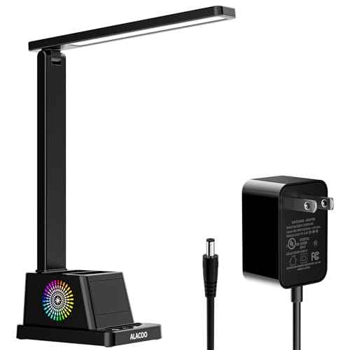 LED Desk Lamp for Office Home, Eye-Caring Desk Light with USB Port & RGB Phone Holder, 3 ColorÂ¡Â¿4 Brightness, Adjustable Arm, Touch-Control Lamp for Reading/Bedroom (Black)