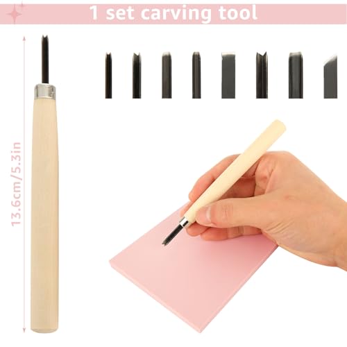 10 Pack Rubber Stamp Making Kit - Block Printing Kit£¬Linoleum Carving Tools with 8 Type Blades, 8 Pcs Pink Rubber Carving Block and Rubber Brayer Roller