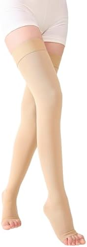 TOFLY® Thigh High Compression Socks for Women & Men (Pair), Open Toe, Opaque, Firm Support 30-40mmHg Graduated Compression Hose, Medical Compression Stockings for Varicose Veins, Edema, DVT,Beige L