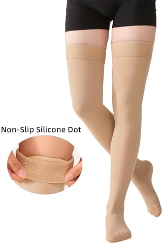 MGANG Medical 15-20 mmHg Compression Stockings for Women & Men, Pair, Thigh High Graduated Compression Socks, Closed Toe, Opaque, Support for Varicose Veins, Edema, DVT, Swelling, Flight, Beige 3XL