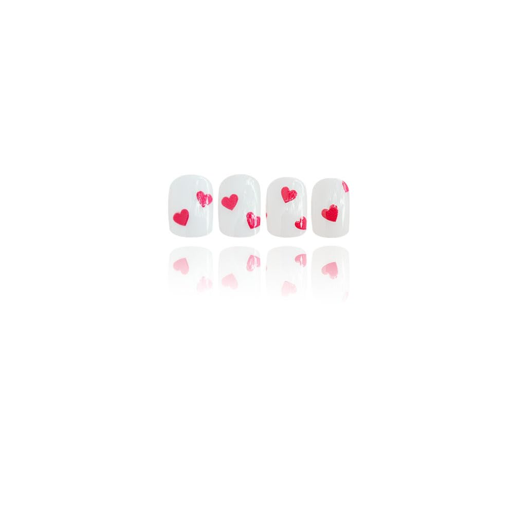 CEWEWP 24Pcs Valentines Press on Nails Short Square Red Heart Fake Nails with Design Valentines Day Glue on Nail Acrylic Nails White False Nails Full Cover Stick on Nail for Women Girls